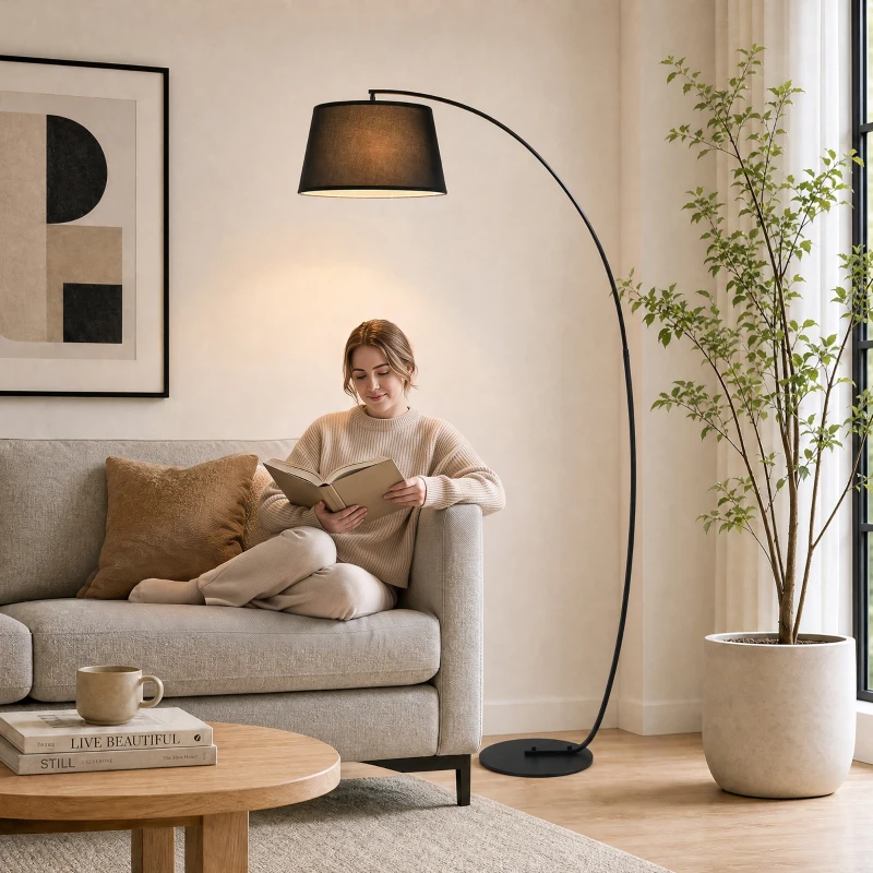 HOMCOM Lámpara de Pie Arco con Pantalla de Tela para Salón con Casquillo E27 (Bombilla no Incluida) Interruptor de Pedal Negro