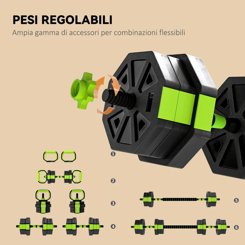 SPORTNOW Set Pesi Palestra 6 in 1 Multifunzione da 20kg Totali in Plastica e Sabbia, 125x18x18 cm, Verde