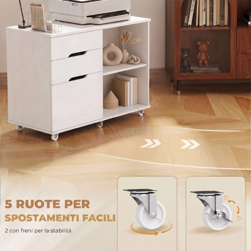 HOMCOM Mobile Porta Stampante con Ruote, 3 Cassetti e Ripiani Aperti, 80x40x68 cm, Bianco