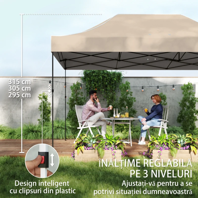Outsunny Gazebo Pop Up pliabil cu pereți laterali și ferestre, 2.9x4.3 m, din metal și țesătură Oxford, maro nisipiu