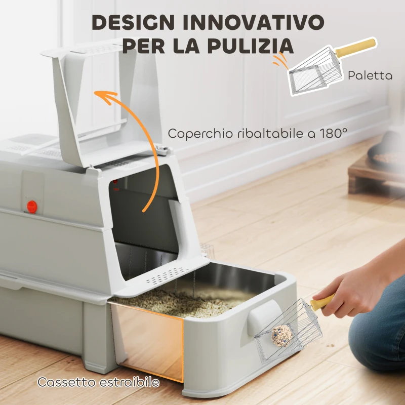 PawHut Lettiera per Gatti Chiusa da 80L con Vassoio Estraibile, in ABS e Acciaio Inox, 63x43x43 cm, Grigio Chiaro