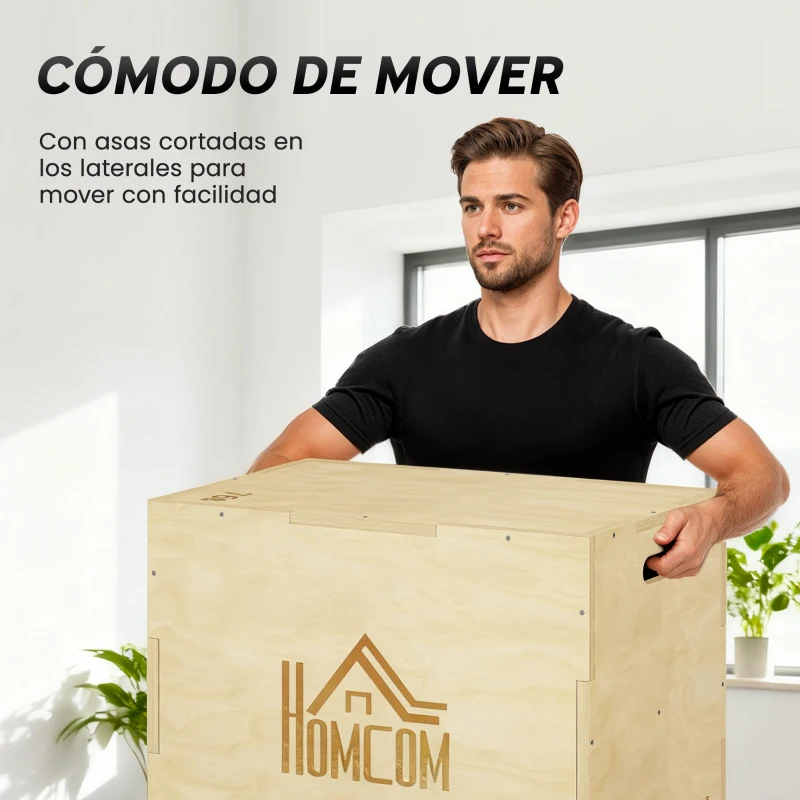 HOMCOM Cajón de Salto de Madera 3 en 1 con 2 Mango Hueco Carga 120 kg para Casa Oficina Gimnasia 61x51x76 cm Madera Natural