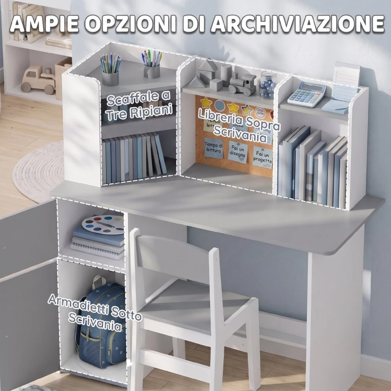 AIYAPLAY Set Scrivania e Sedia per Bambini con Portapenne, Supporto Regolabile per Tablet, Armadietti e Bacheca, Grigio