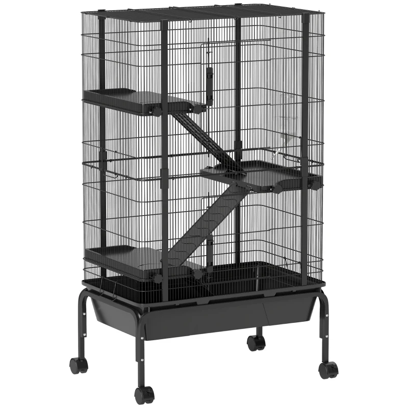 PawHut Jaula para Animales Pequeños de 4 Niveles con Ruedas Rampas Cuenco Botella de Agua 69x44x120 cm Negro