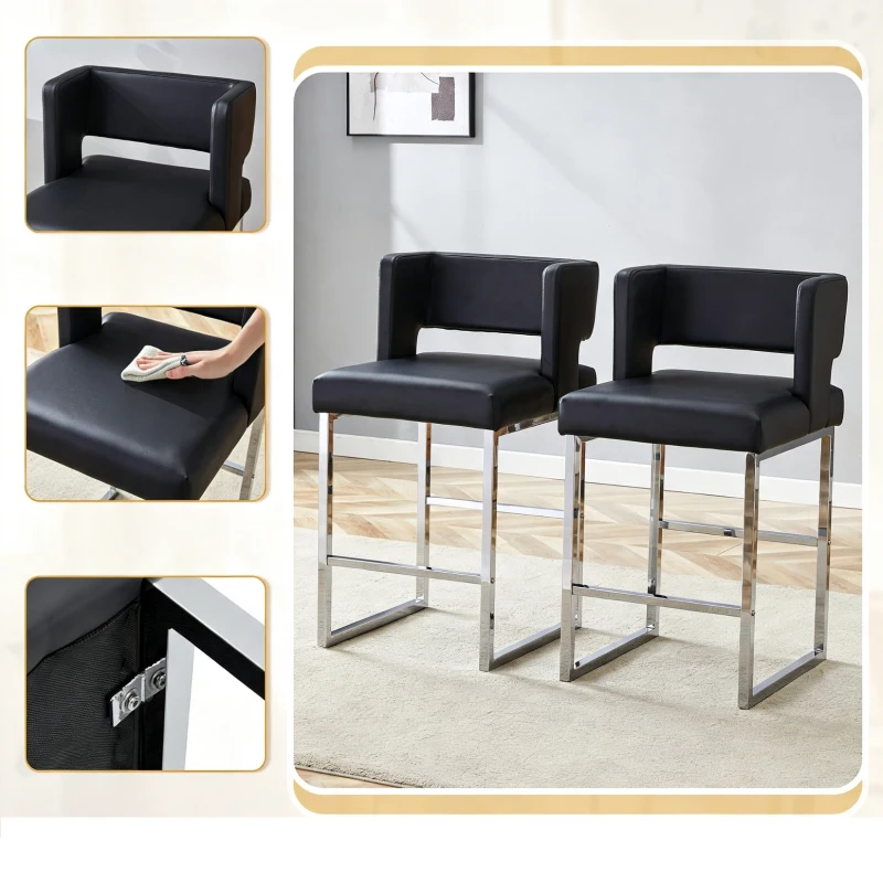 Lot de 2 tabourets de bar style nordique, structure métallique robuste avec pieds argentés, 48x53.3x91.4 cm, Noir+Argent