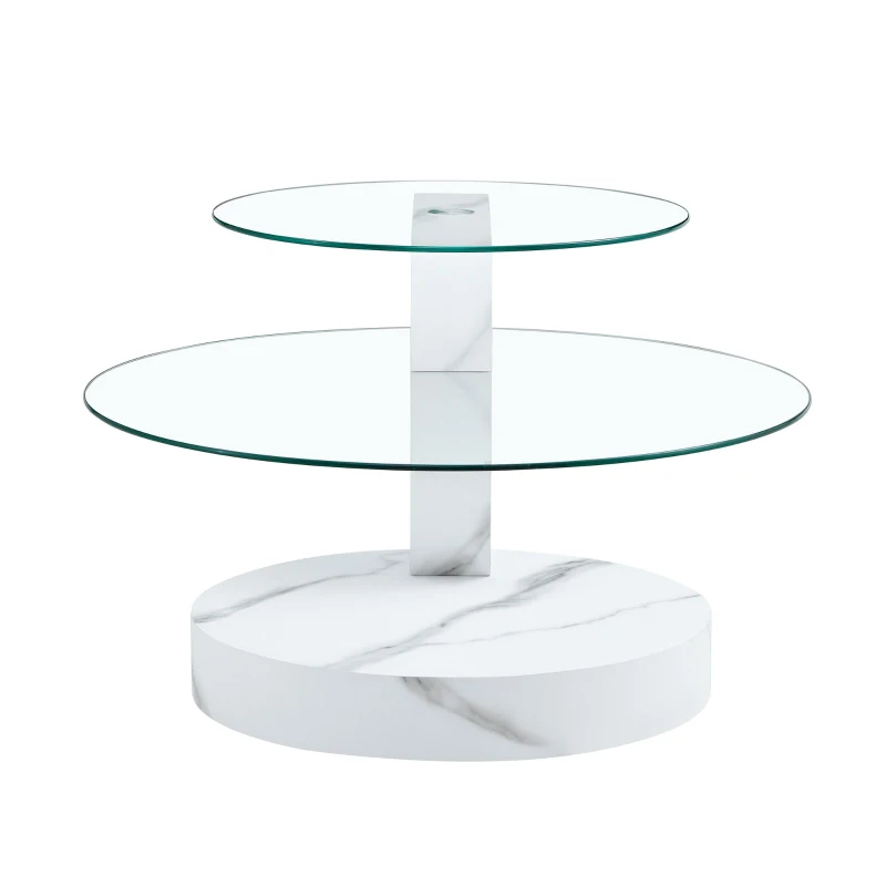Table basse moderne minimaliste à 2 plateaux en verre de sécurité, design multi‑niveaux élégant, Blanc