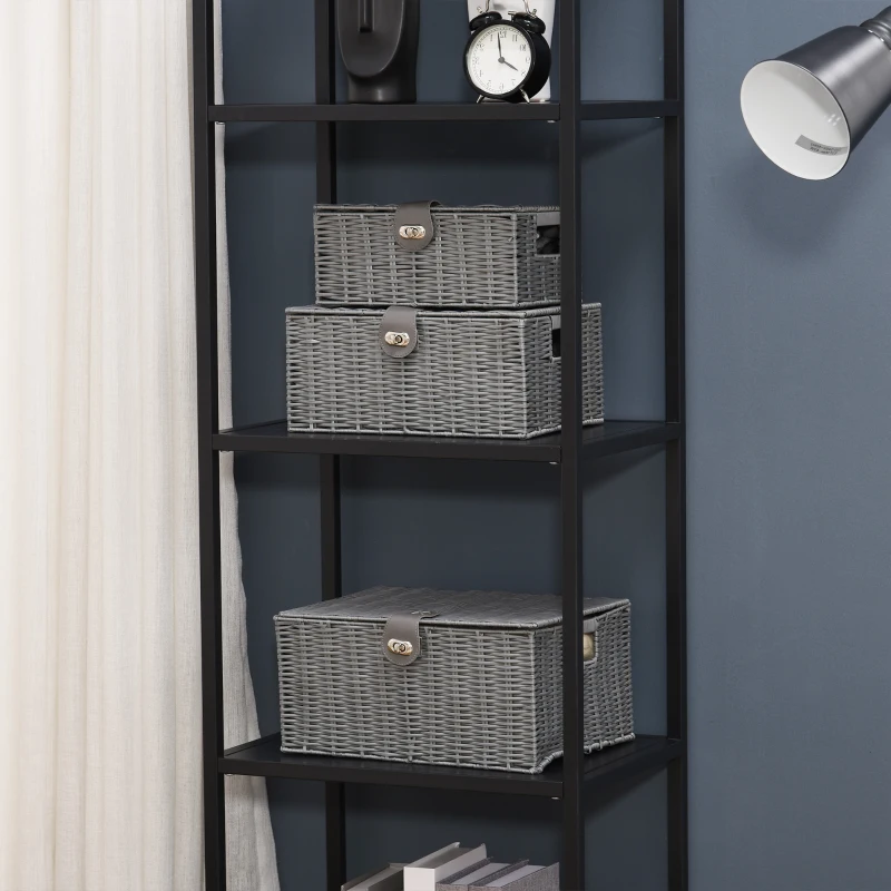 HOMCOM 3 Cestas de Almacenaje de Plástico Símil Mimbre con Tapa y Pestillo de Diferentes Tamaños para Decoración Gris