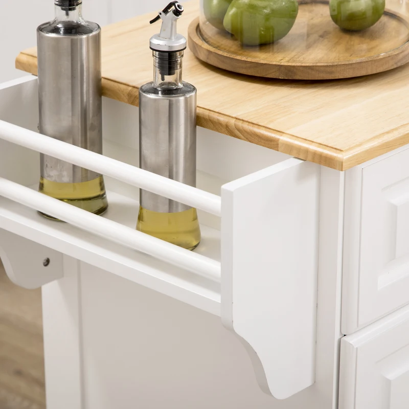 HOMCOM Carro de Cocina con Ruedas Isla de Cocina con 2 Cajones Especiero y Barra para Colgar 110x45x91 cm Blanco