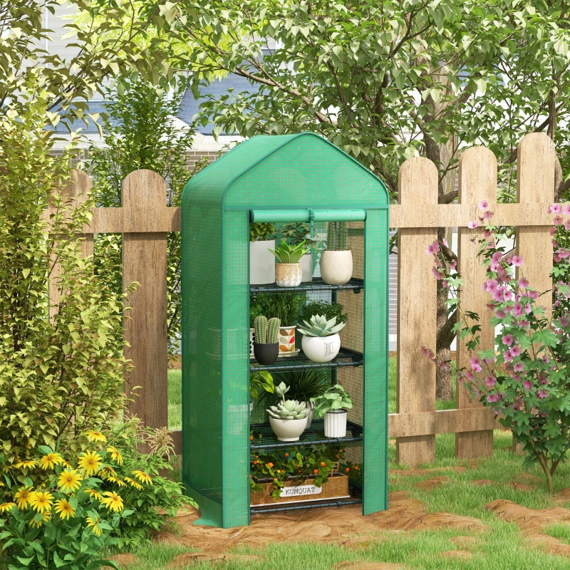 Outsunny Serra per Piante a 4 Ripiani con Porta Avvolgibile, in Metallo e PE, 69x49x158 cm, Verde Scuro