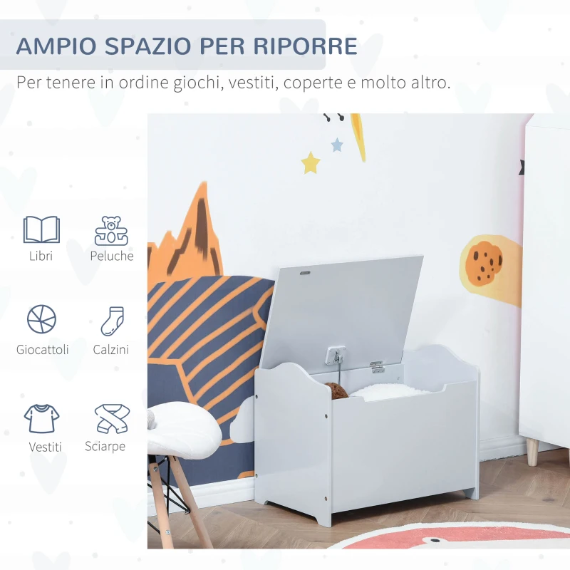 HOMCOM Cassapanca Portagiochi in Legno, Panca Contenitore per Cameretta Coperchio con Pistone Pneumatico, 60x40x48cm, Grigio