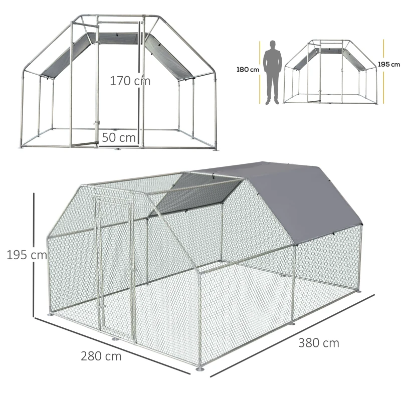 PawHut Gallinero de Exterior 2,8x3,8x1,95 m Gallinero Grande Cubierta de Tela Oxford y Corral de Metal Galvanizado Plata
