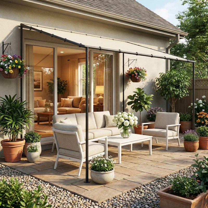 Outsunny 3 x 2 m Lean to Garden Pergola, Metal Frame Gazebo Pergola with UPF30+ Protection, Sloped Roof, Drainage Holes, Cream