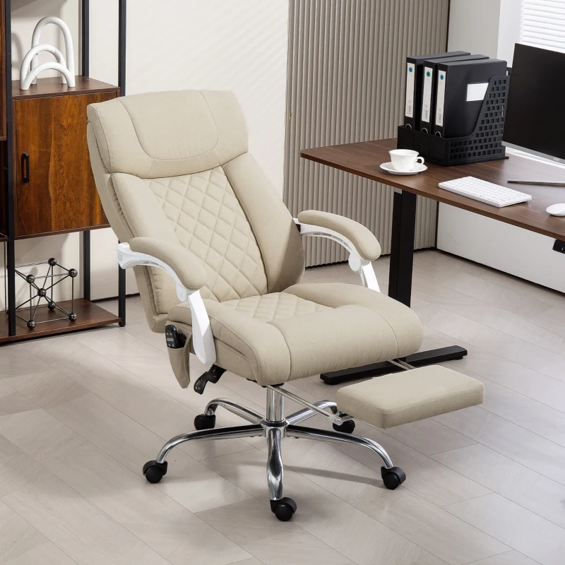 HOMCOM Silla de Oficina de Masaje con Respaldo Alto Reclinable con Calor Lumbar Reposapiés y Ruedas 66x70x112-120 cm Beige