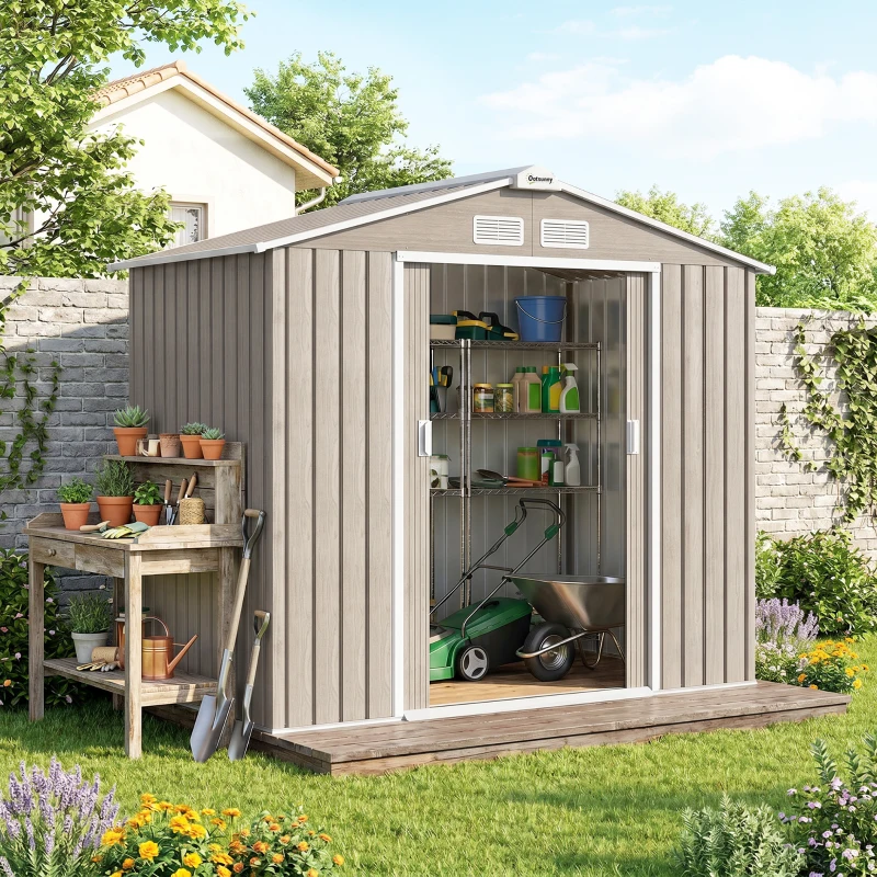 Outsunny Abri de Jardin 2,42 m² - Remise pour Outils avec Fondation - cabanon Porte verrouillable - tôle d'acier marron clair