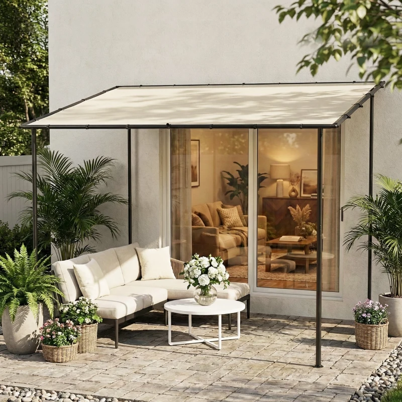 Outsunny 3 x 2 m Lean to Garden Pergola, Metal Frame Gazebo Pergola with UPF30+ Protection, Sloped Roof, Drainage Holes, Cream