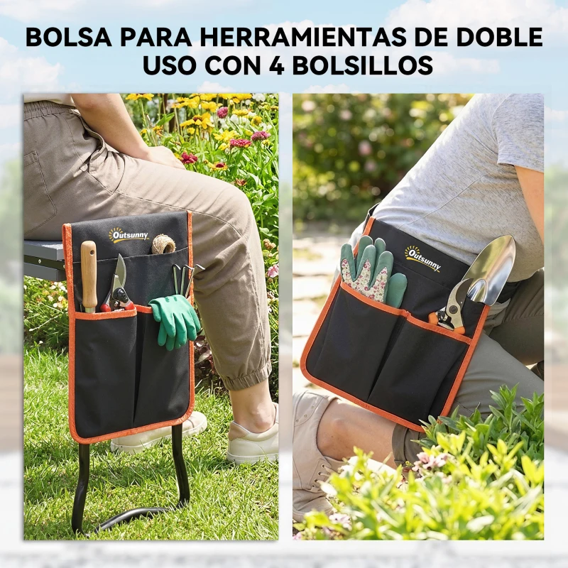 Outsunny Taburete de Jardín Plegable con Almohadilla de EVA Asiento de Jardín con Bolsa para Herramientas en Cintura Carga 150kg