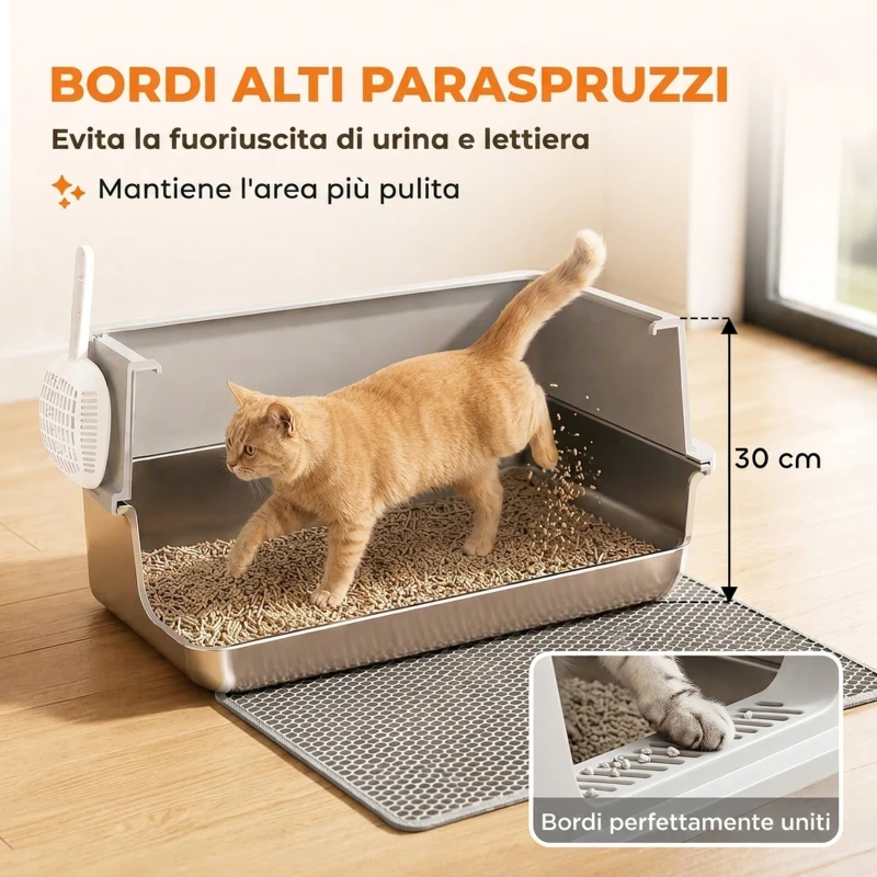 PawHut Lettiera per Gatti XL Fino a 8 kg con Tappetino, Vassoio in Acciaio e Paletta, Grigio Chiaro