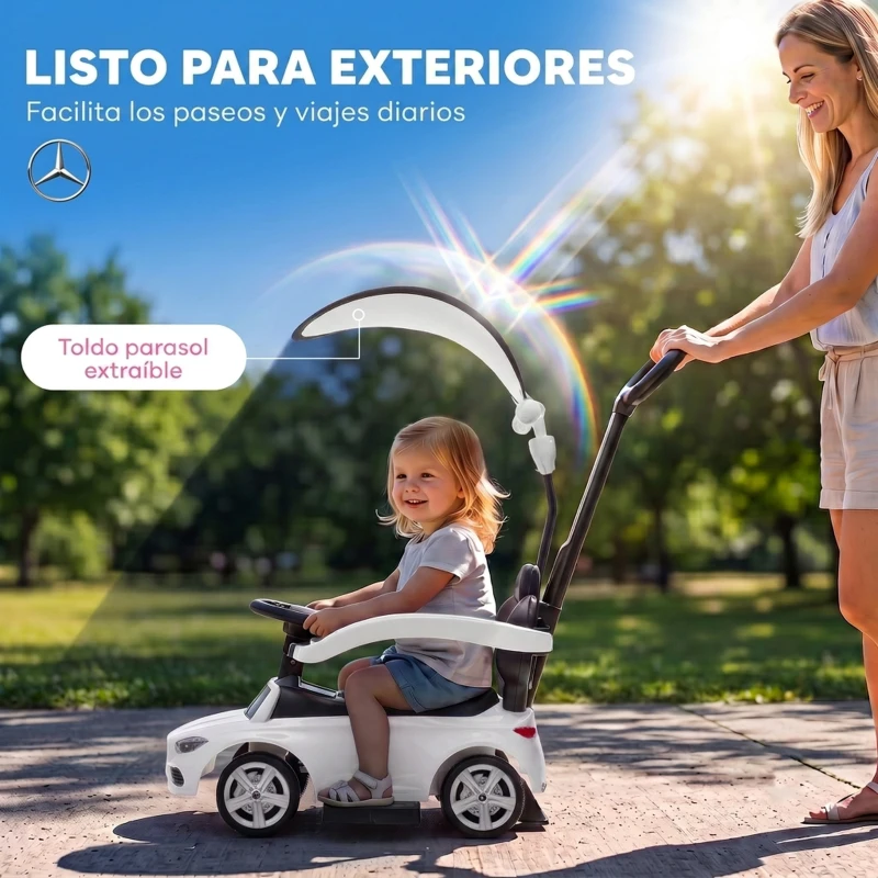 AIYAPLAY Correpasillos Bebés 3 en 1 Mercedes-Benz con Barra de Empuje Capota Barandilla de Seguridad Música 12-36 Meses Blanco