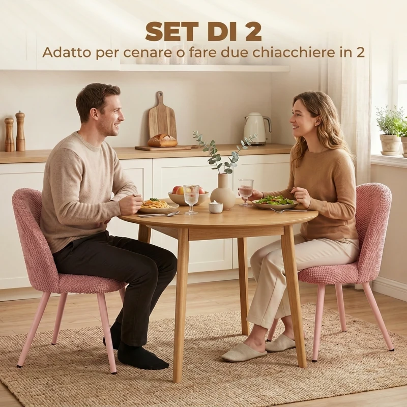 HOMCOM Set 2 Sedie da Pranzo in Velluto con Seduta Imbottita e Gambe in Metallo, Rosa