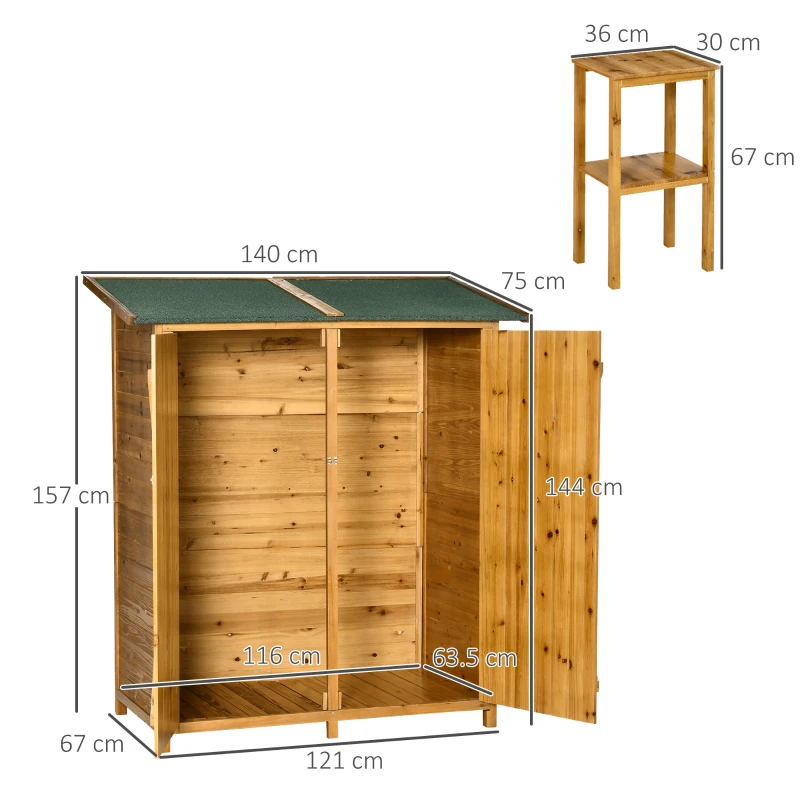 Outsunny Magazie de Gradina din Lemn cu 2 Usi cu Taburet Inalt cu 2 Rafturi si Acoperis Hidrofug, 140x75x157 cm