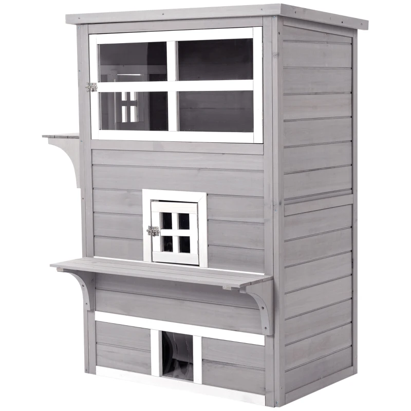 PawHut Caseta para Gatos de Madera Exterior Casa Grande para Gatos de 3 Pisos con Múltiples Entradas Ventanas y 2 Plataformas para Terraza Balcón Jardín 93,5x67x117 cm Gris