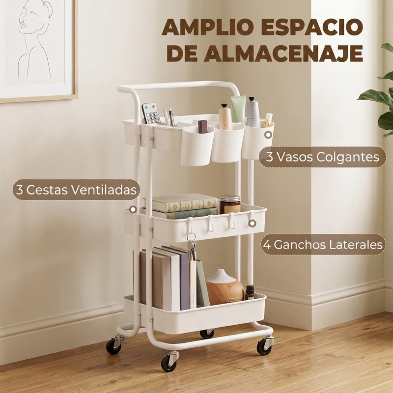 HOMCOM Carrito Auxiliar con Ruedas Carro de Almacenaje Multifuncional con Ganchos y Cajas Colgantes 42x38x86,5 cm Blanco