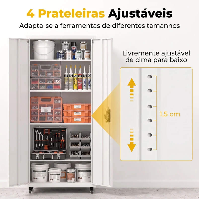 HOMCOM Armário de Ferramentas em Aço 180 cm com Rodas Amovíveis, Prateleiras Ajustáveis e Carga até 250 kg para Garagem Branco