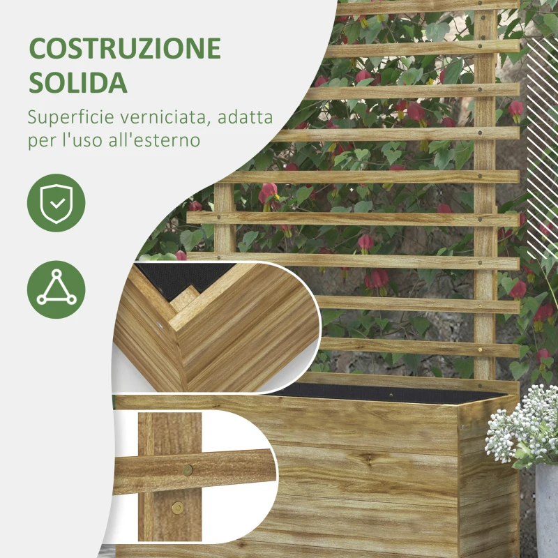 Outsunny Fioriera Verticale con 4 Ruote e Traliccio per Piante Rampicanti in Legno, 76x30x155 cm, Color Legno