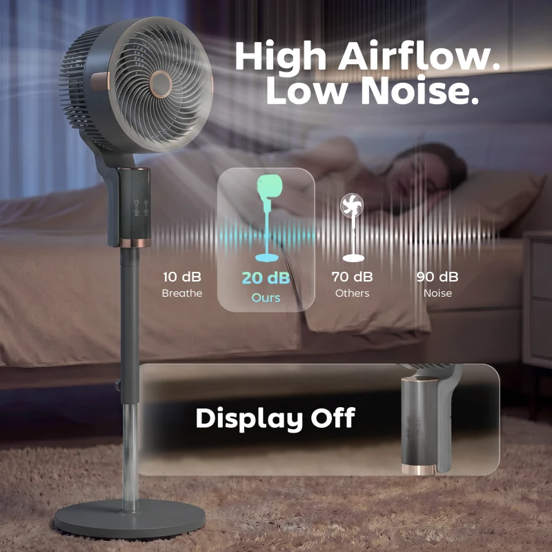 HOMCOM 20 dB Silent Standing Fan for Bedroom, 44" Pedestal Fan with 90° Oscillating, 8 Speeds and LED Light, Grey