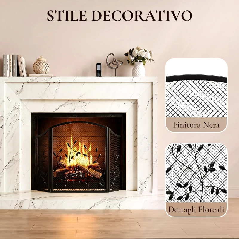 HOMCOM Parascintille Camino Pieghevole a 3 Pannelli in Metallo Verniciato, Pronto all'Uso, 122x1x75 cm, Nero