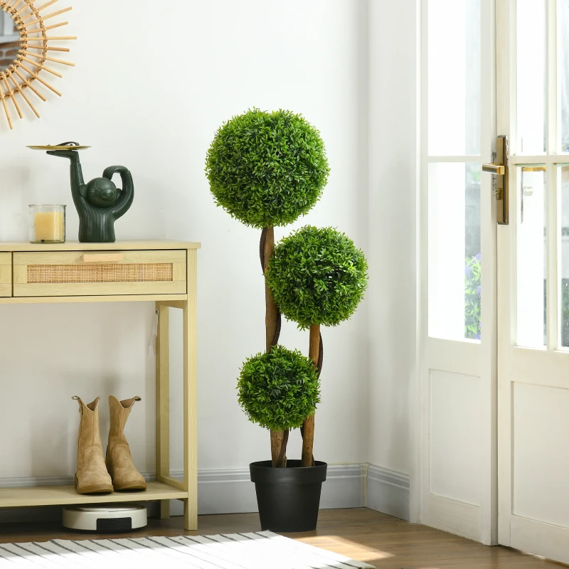 HOMCOM Pianta di Bosso Artificiale a 3 Sfere con Foglie di Bambù, Vaso Incluso, Altezza 110 cm, Verde