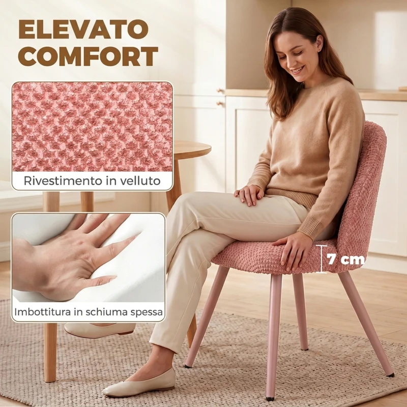 HOMCOM Set 2 Sedie da Pranzo in Velluto con Seduta Imbottita e Gambe in Metallo, Rosa