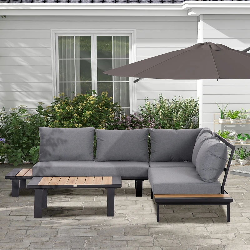 Outsunny 4 Pieces Aluminium Garden Furniture Set L Shape Sofa Set with Tables, Cushions for Indoor, Garden, Patio, Dark Grey