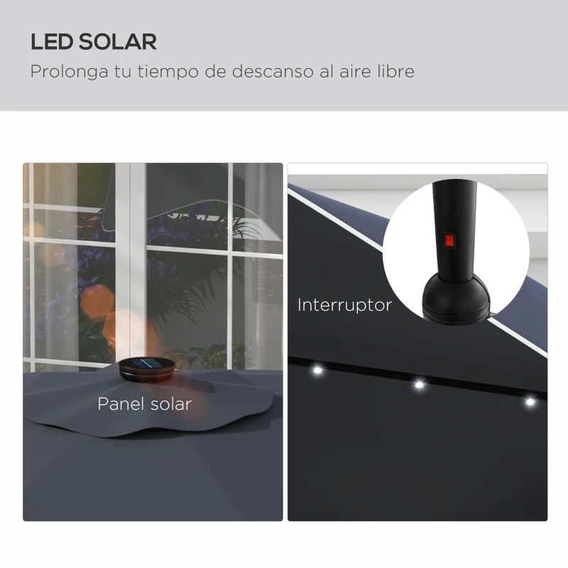 Outsunny Sombrilla de Jardín Manual Ø292x254 cm con 32 Luces LED Solares 8 Varillas Impermeable y Rejillas de Ventilación Gris