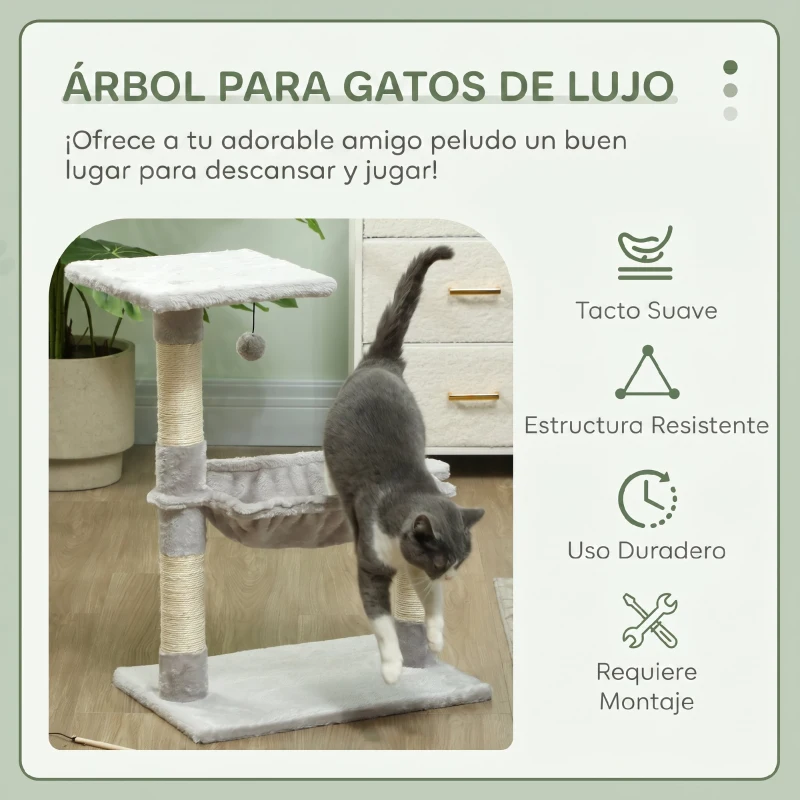 PawHut Árbol Rascador de Gatos Torre de Gatos 50x36x70 cm Centro de Actividad con Hamaca Plataforma Postes de Sisal Gris Claro