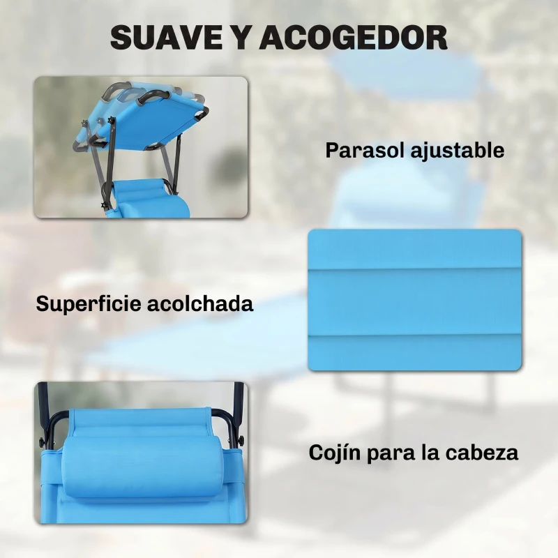 Outsunny Tumbona de Jardín con Toldo Ajustable Respaldo Regulable 4 Niveles Reposacabezas para Terraza 70x200x45 cm Azul Claro
