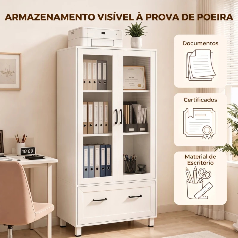 HOMCOM Arquivador com Portas de Vidro e Gaveta, Armário de Escritório com Barras Ajustáveis para Arquivo, 75x40x141 cm, Branco