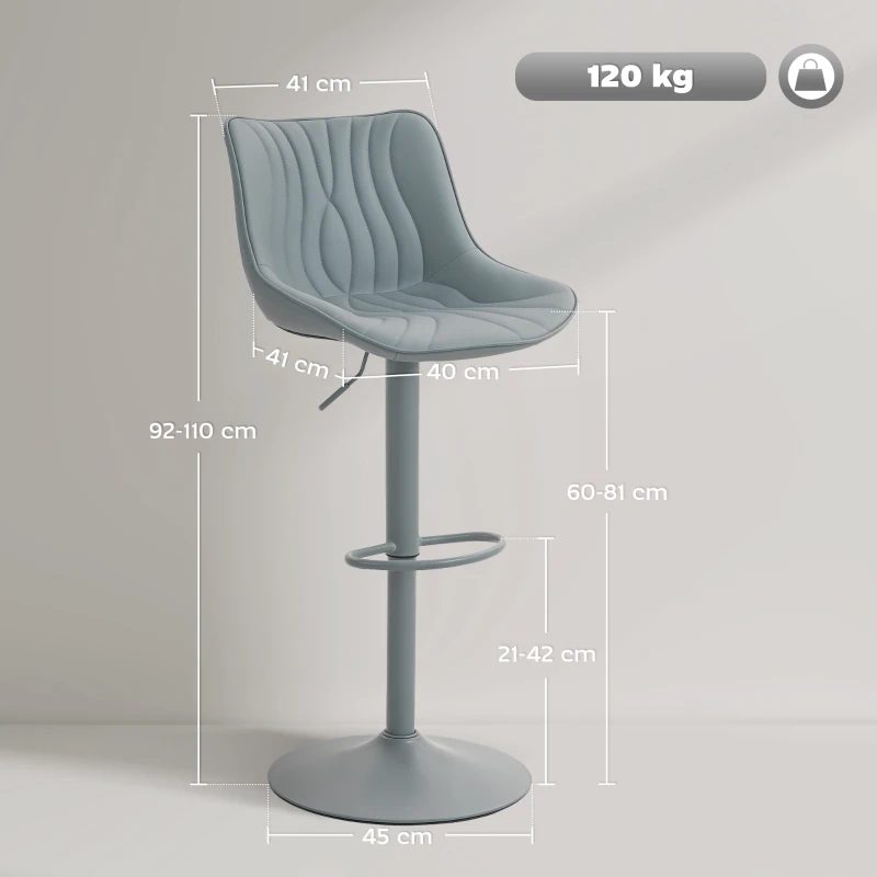 HOMCOM Juego de 2 Taburetes de Bar con Altura Ajustable Respaldo Asiento de Piel Sintética Marco de Acero y Reposapiés Gris