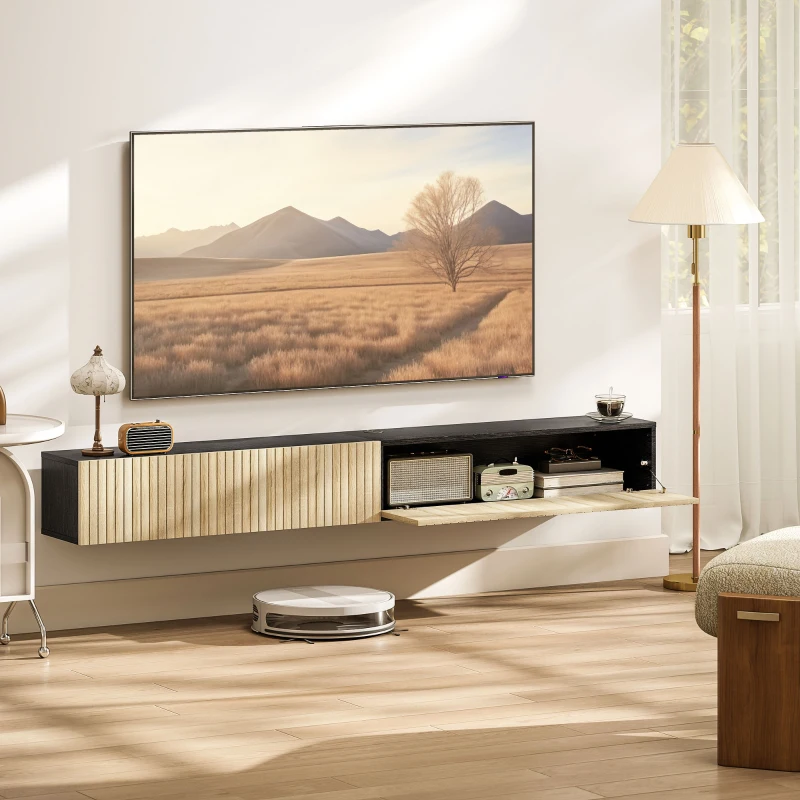 HOMCOM Meuble TV suspendu 140cm, meuble télé pour téléviseur 72 pouces, 2 portes rabattables, 140x25x22cm, bois naturel et noir