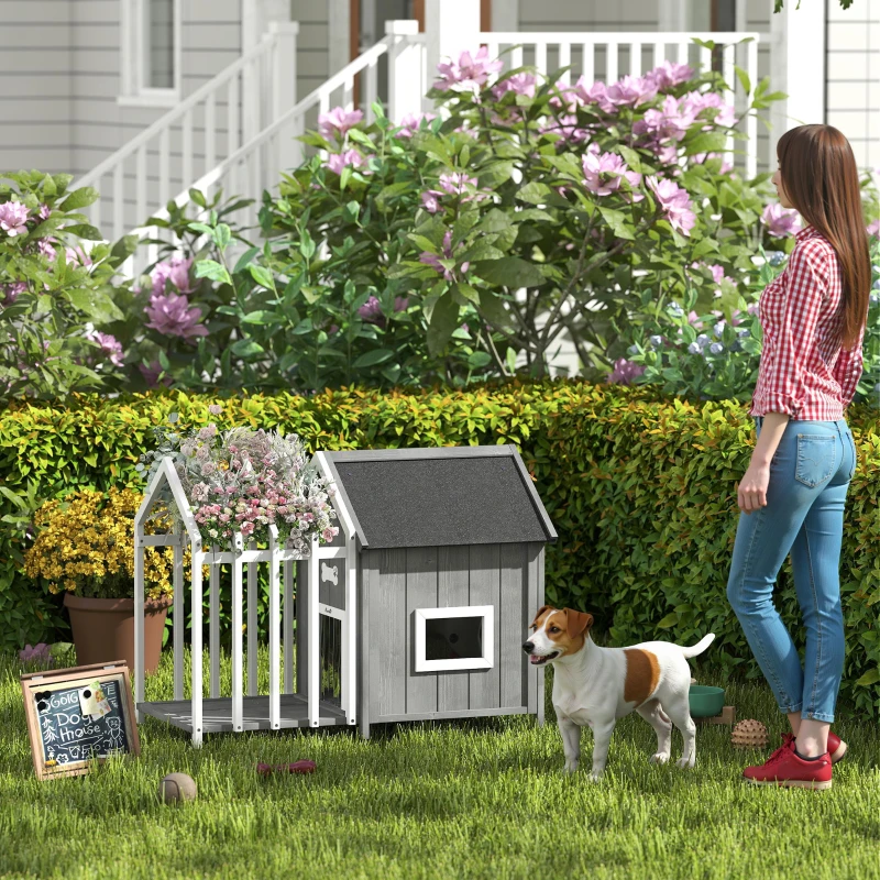 PawHut Niche pour chien extérieur en bois maison chien extérieur avec terrasse, porte à lamelles, 106 x 62,5 x 80,5 cm, gris