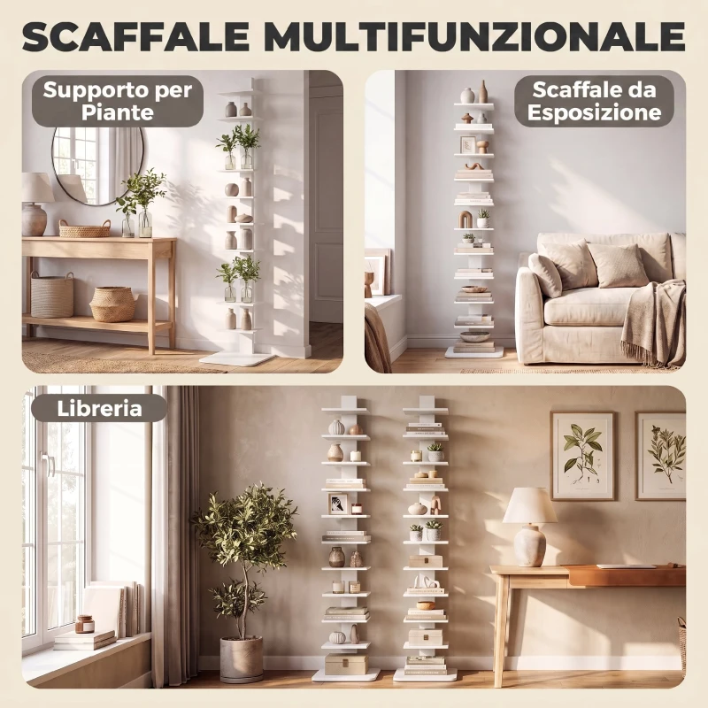 HOMCOM Libreria Moderna a 11 Ripiani Salvaspazio in Stile Industriale, 34.5x41.5x163.5 cm, Bianco