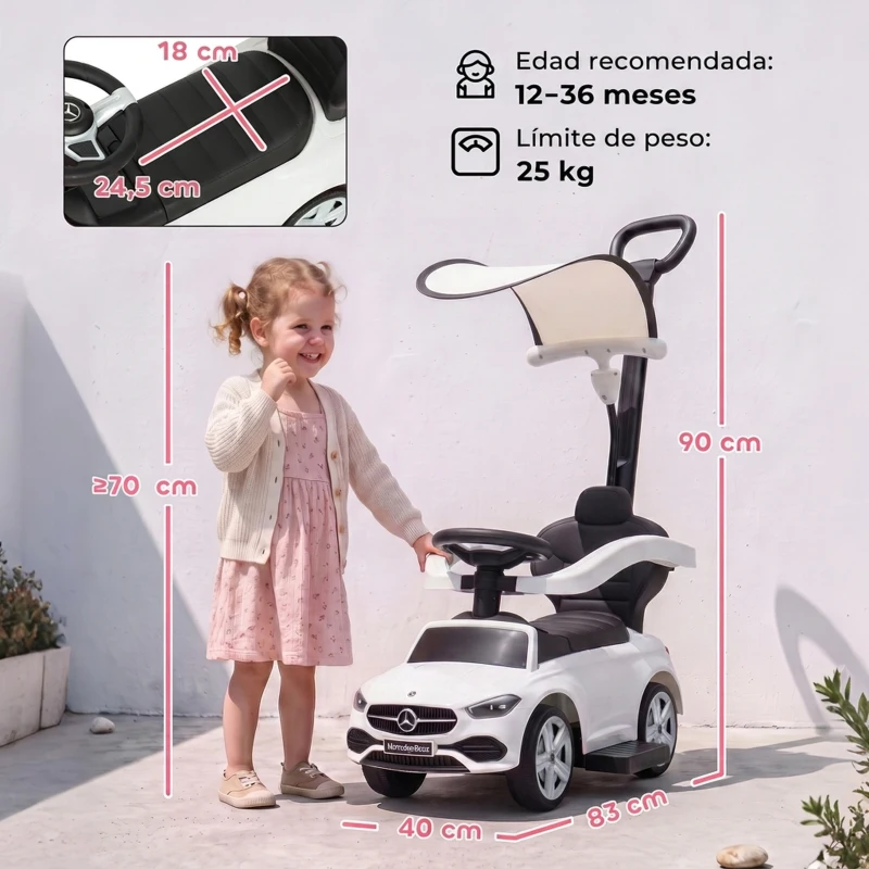 AIYAPLAY Correpasillos Bebés 3 en 1 Mercedes-Benz con Barra de Empuje Capota Barandilla de Seguridad Música 12-36 Meses Blanco