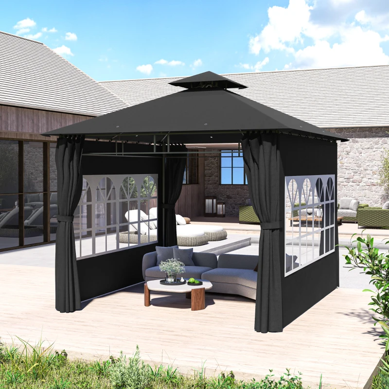 Outsunny 3 x 3 m Garden Gazebo, Double Roof Metal Gazebo with Removable Sidewalls and Church Windows, Outdoor Canopy Shelter, Black