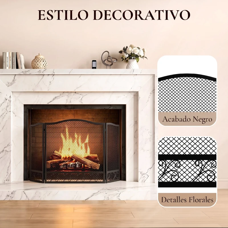HOMCOM Salvachispas para Chimenea Plegable de 3 Paneles de Metal con Diseño Floral para Hogar 107x60 cm Negro