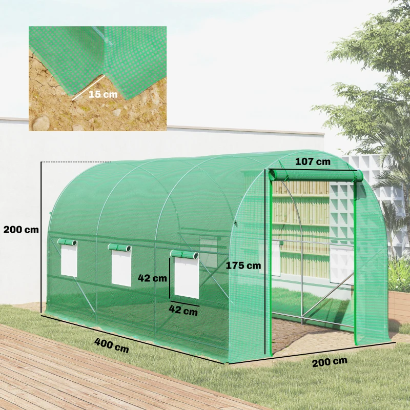 Outsunny Serre tunnel de jardin 8 m², serre de jardin tunnel avec porte et 6 fenêtres, bâche PE 140 g/m² 400 x 200 x 200 cm vert