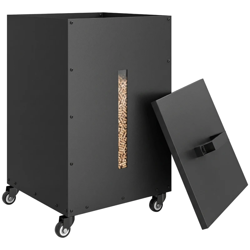 Outsunny Metall Pelletbehälter mit Rollen, 30 kg Pelletbox, Pelletlagerung mit Sieb 4 Füllstandsanzeigen 36,5 x 36,5 x 61,5 cm