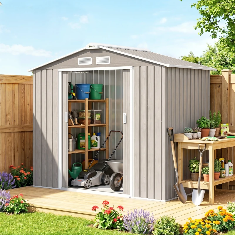 Outsunny Abri de Jardin 2,42 m² - Remise pour Outils avec Fondation - cabanon Porte verrouillable - tôle d'acier marron clair