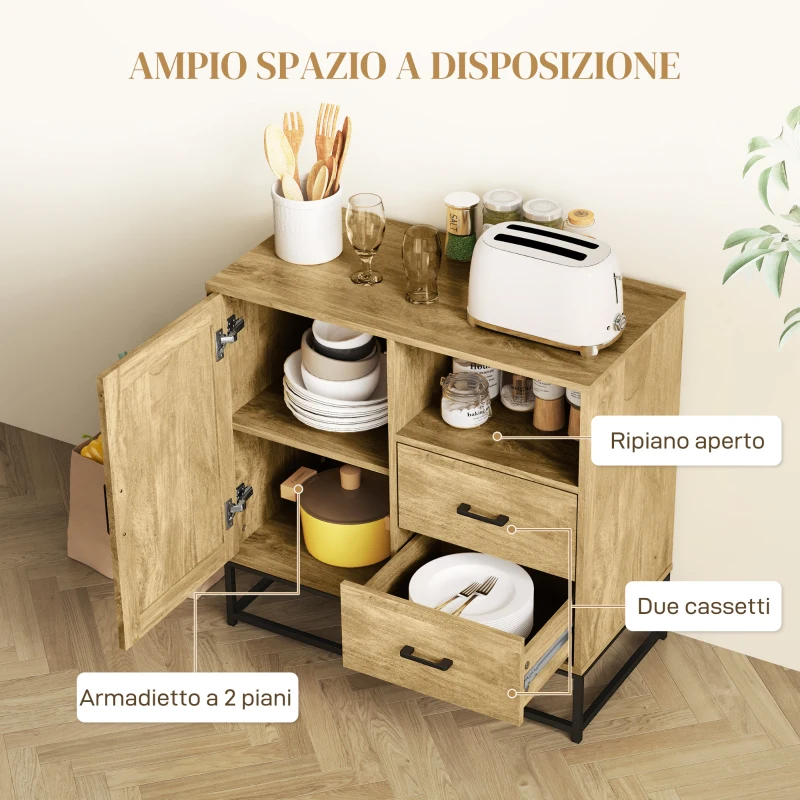 HOMCOM Credenza Moderna con 2 Cassetti, Armadietto Regolabile e Ripiano Aperto, in Legno e Acciaio, 80x40x78 cm, Marrone