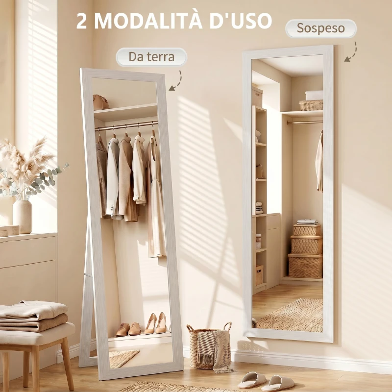 HOMCOM Specchio da Terra a Figura Intera con Cornice e Supporto, in Legno e Vetro, 37x40x155 cm, Bianco