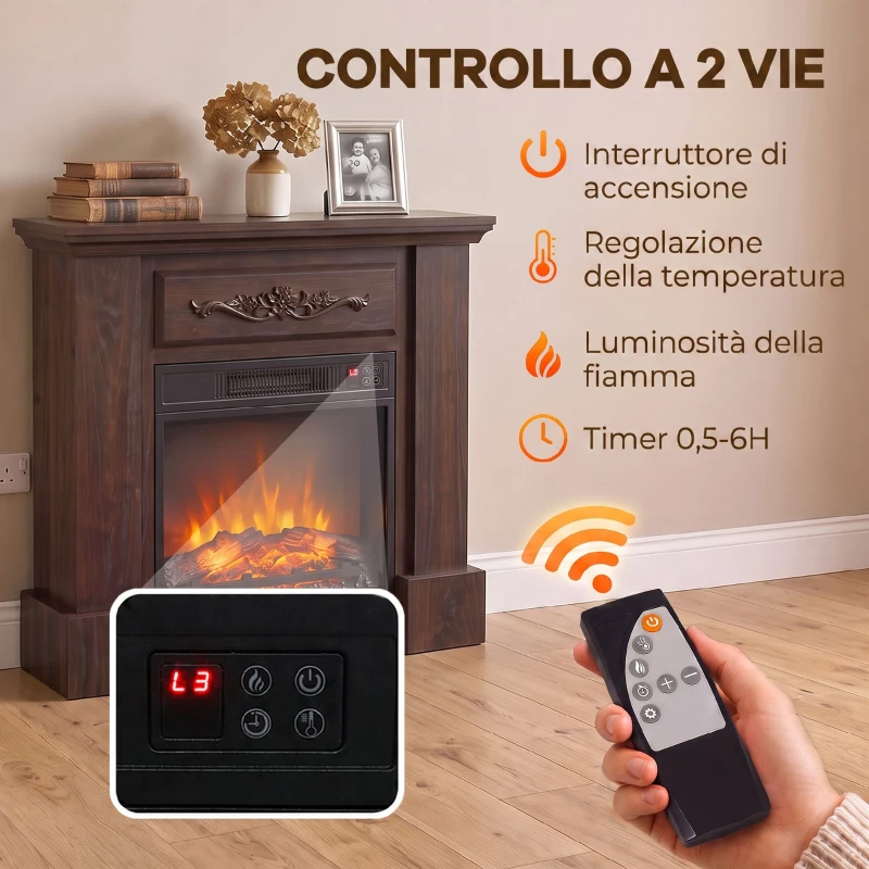 HOMCOM Camino Elettrico da Terra 1800W con Effetto Fiamma, Telecomando, Timer e Temperatura Regolabile, Marrone